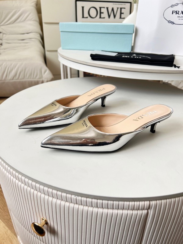 2025 Women Prada Silver Patent Leather Mules