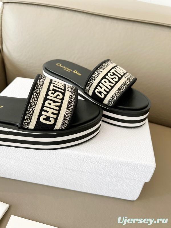 2025 Women Dior Black White Canvas Platform Sandals