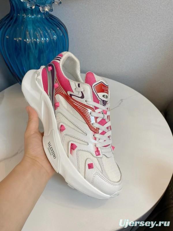 2024 Unisex Valentino White Pink Mesh Leather Sneakers MJ00410