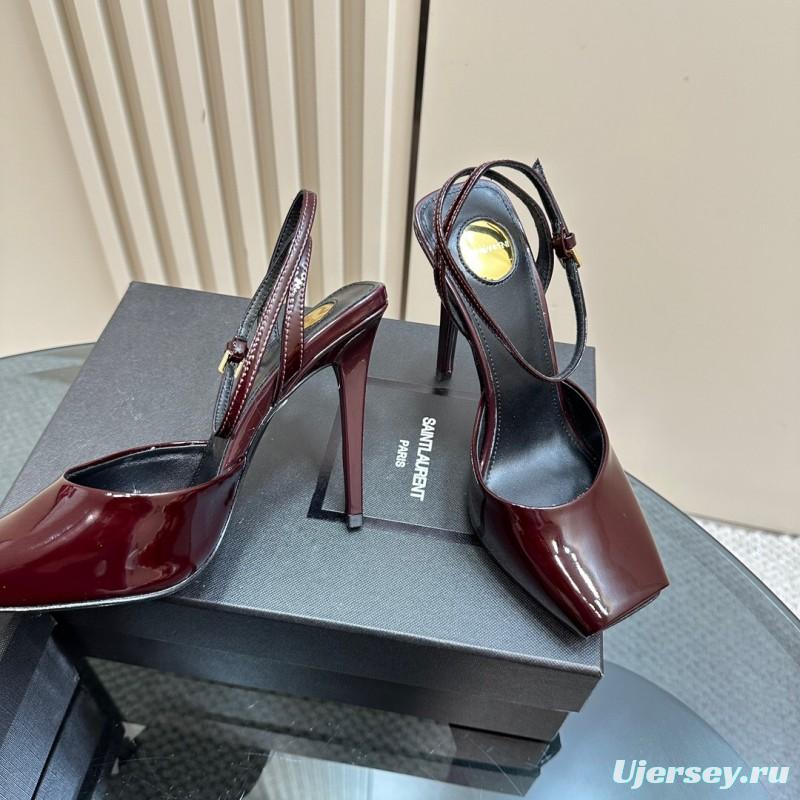 2025 Women Yves Saint Laurent Burgundy Patent Leather Slingback Heels