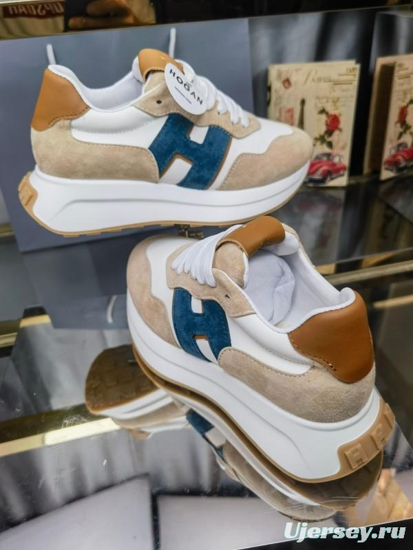 2025 Unisex HOGAN White Beige Blue Leather Suede Platform Sneakers H-STRIPES LY00360(F)/LY00370(M)