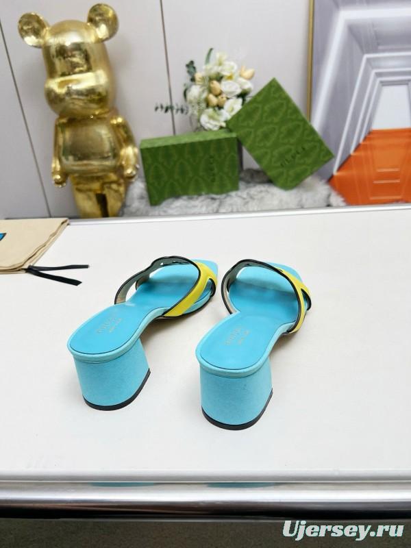 2025 Gucci Blue Yellow Leather Slippers