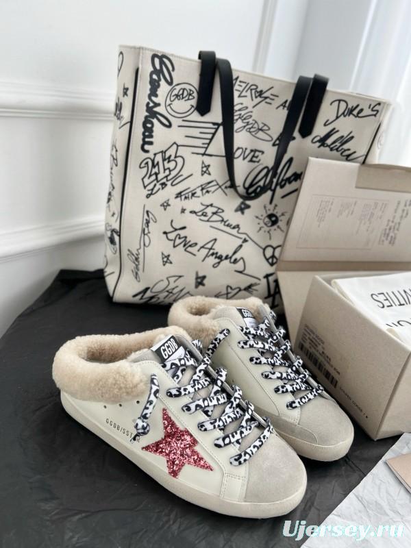 2024 Unisex GGDB White Pink Glitter Suede Leather Fur Slippers MJ00280