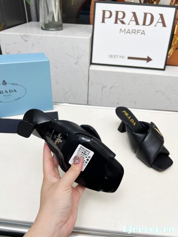 2025 Women Prada Black Soft Leather High Heel Mules KFY00270