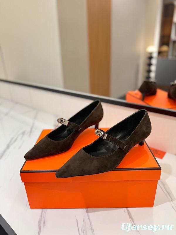 2025 Women Hermès Black Suede Mary Jane Shoes KFY00330