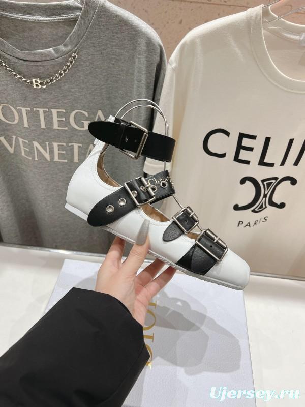 2025 Women Dior White Black Leather Mary Jane Buckle Ballerina KFY00320