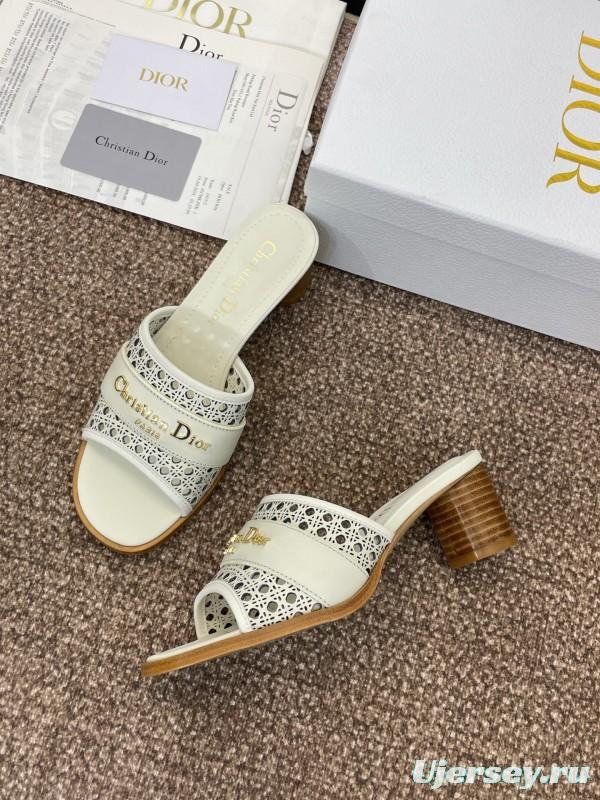 2025 Women Dior White Leather Sandals CD Pattern Low Heel KFY00310