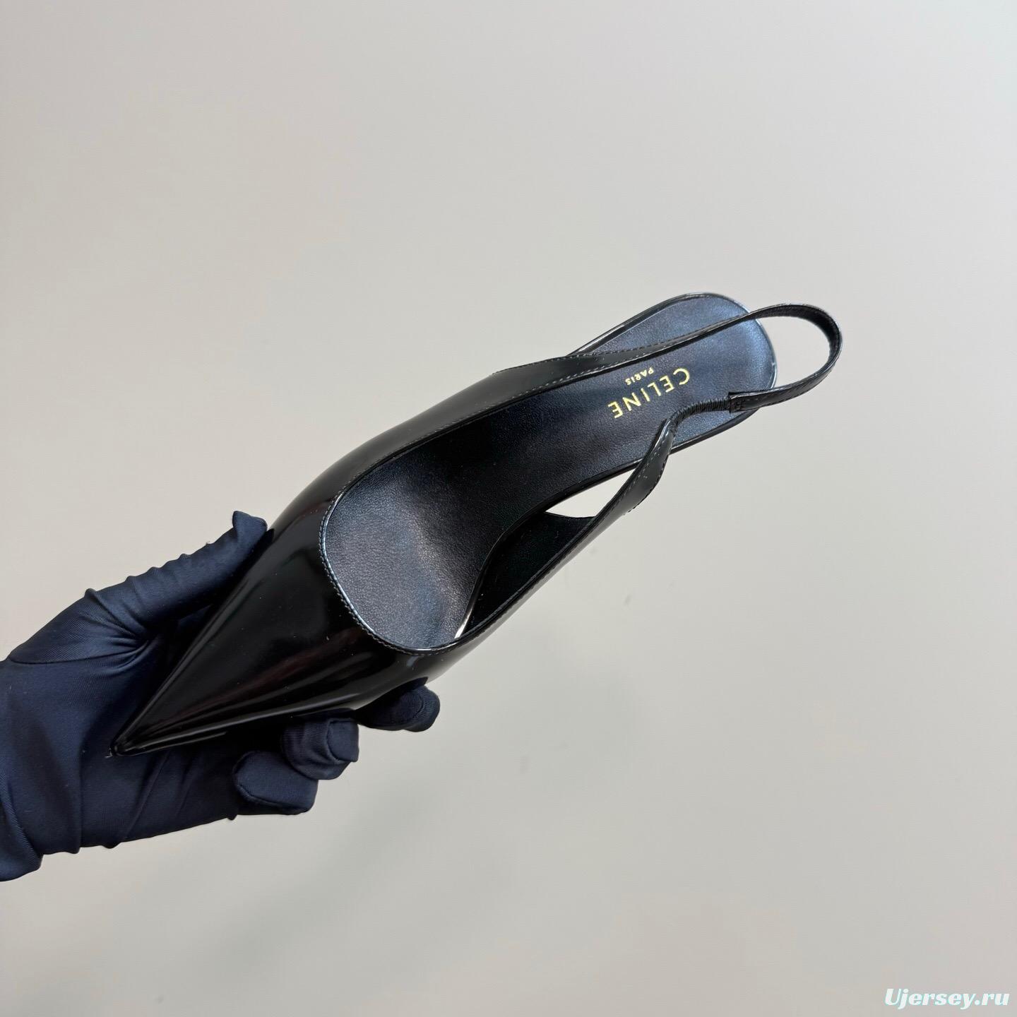 2025 Women CELINE Black Patent Leather Slingback Pumps KFY00310