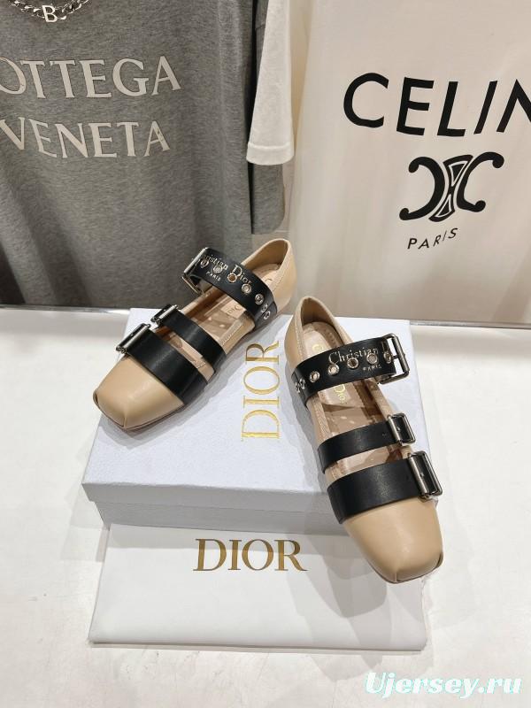 2025 Women Dior Beige Black Leather Mary Jane Buckle KFY00300