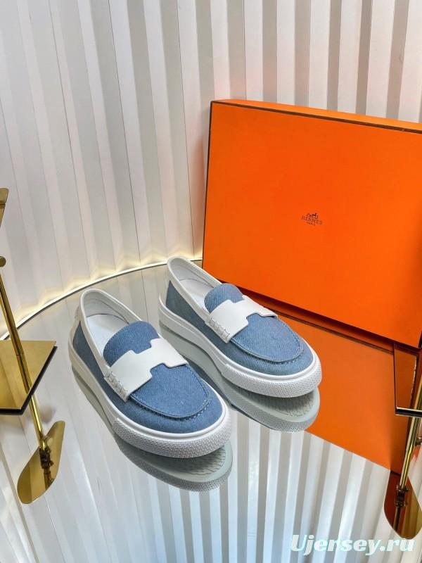 2025 Women Hermès Blue White Leather Canvas Loafers LY00310