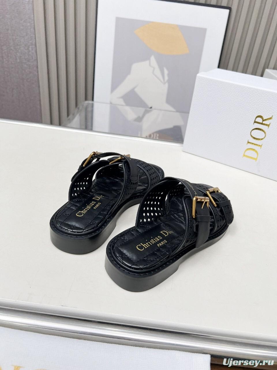 2025 Women Dior Black Leather Slippers