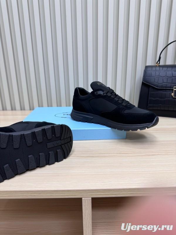 2025 Women Prada Black Suede Nylon Sneakers LY00300