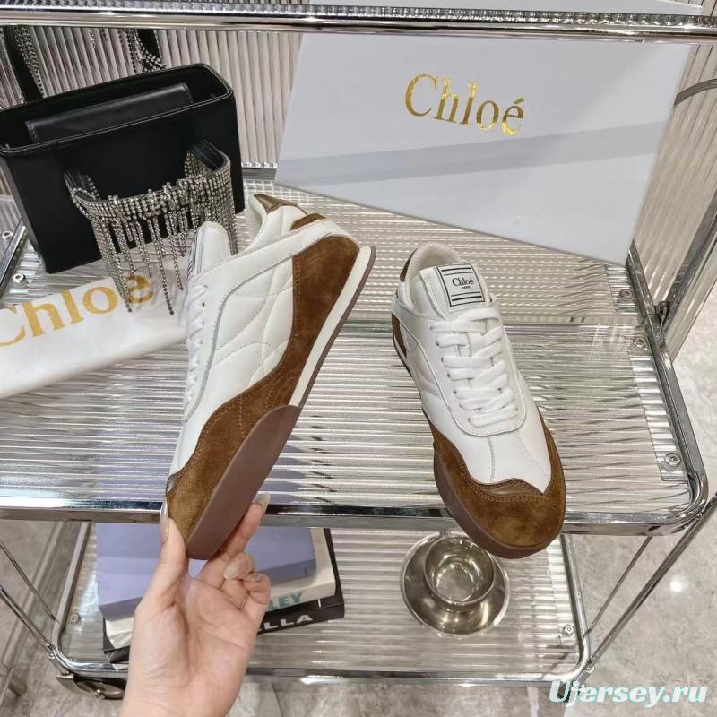 2025 Women Chloé White Brown Leather Suede Sneakers LY00300