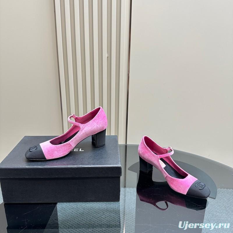 2025 Women Chanel Pink Black Velvet Mary Jane Shoes