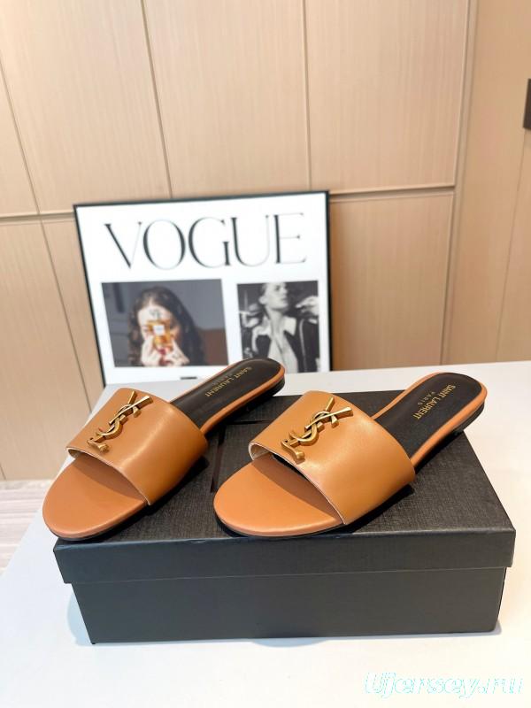 2025 Women Yves Saint Laurent Light Brown Leather Slippers LY00180