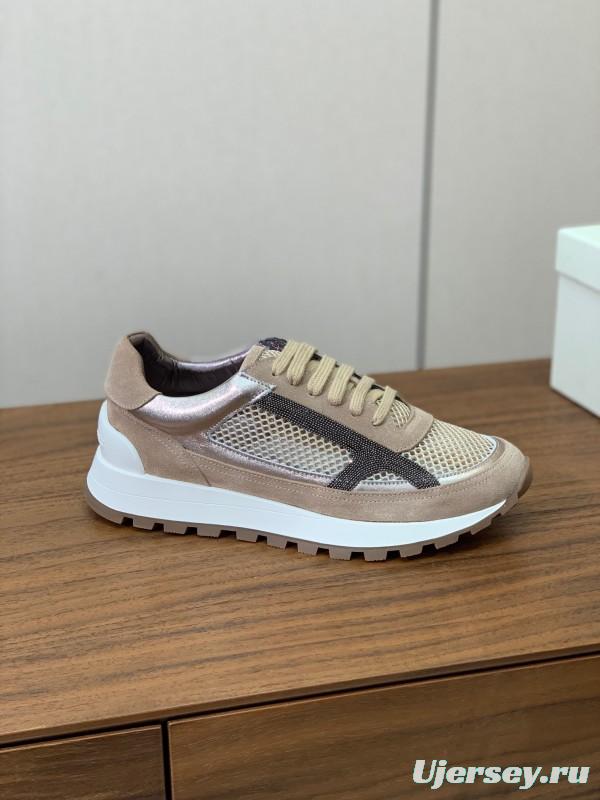2025 Unisex Brunello Cucinelli Beige Black Mesh Suede Sneakers