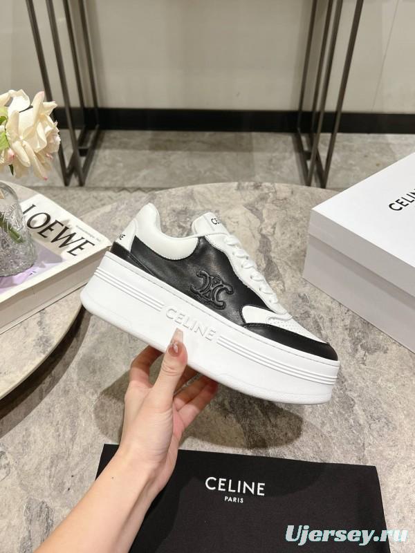 2025 Women Celine Black White Leather Platform Sneakers KFY00330