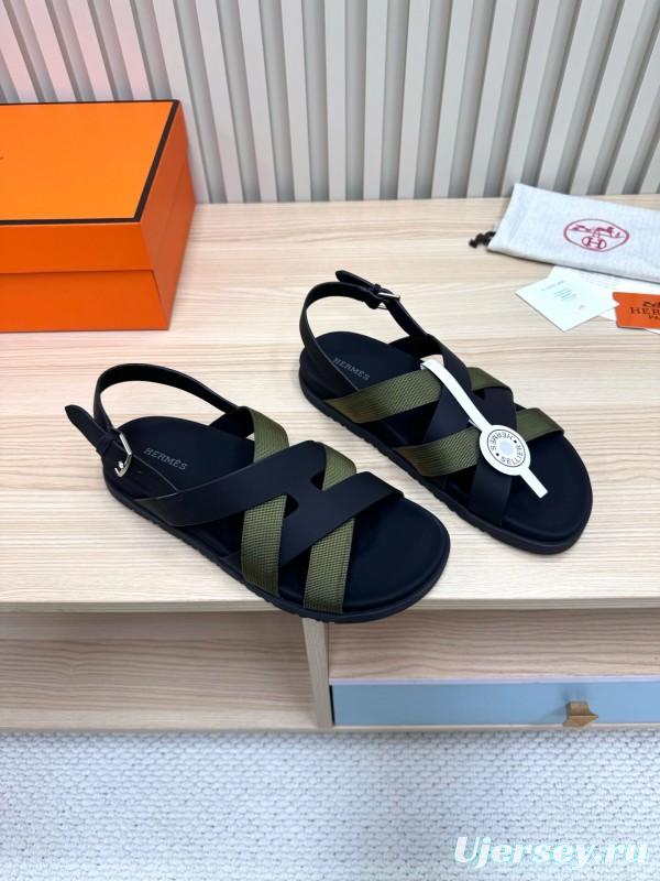 2025 Women Hermès Black Green Leather Nylon Sandals LY00270