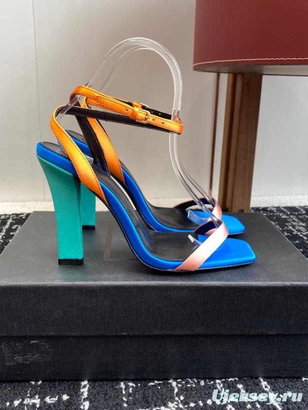 2025 Women Yves Saint Laurent Blue Orange Pink Leather Suede High Heel Sandals