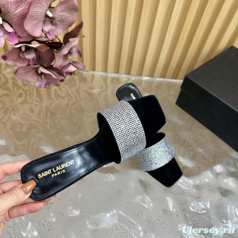 2025 Women Yves Saint Laurent Black Crystal Fabric High Heel Sandals MJ00300