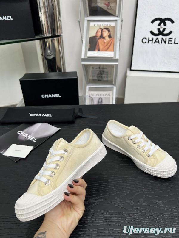 2025 Women Chanel Cream Canvas Leather Casual Sneakers LY00230
