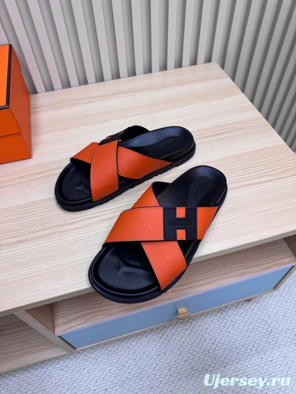 2025 Slippers Hermès Orange Black Leather Slippers