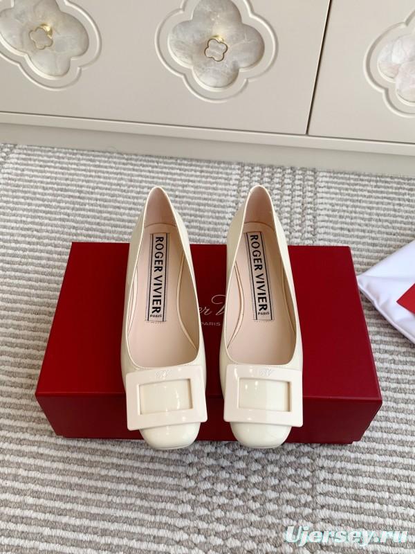 2025 Women Roger Vivier White Patent Leather Pumps Square Buckle