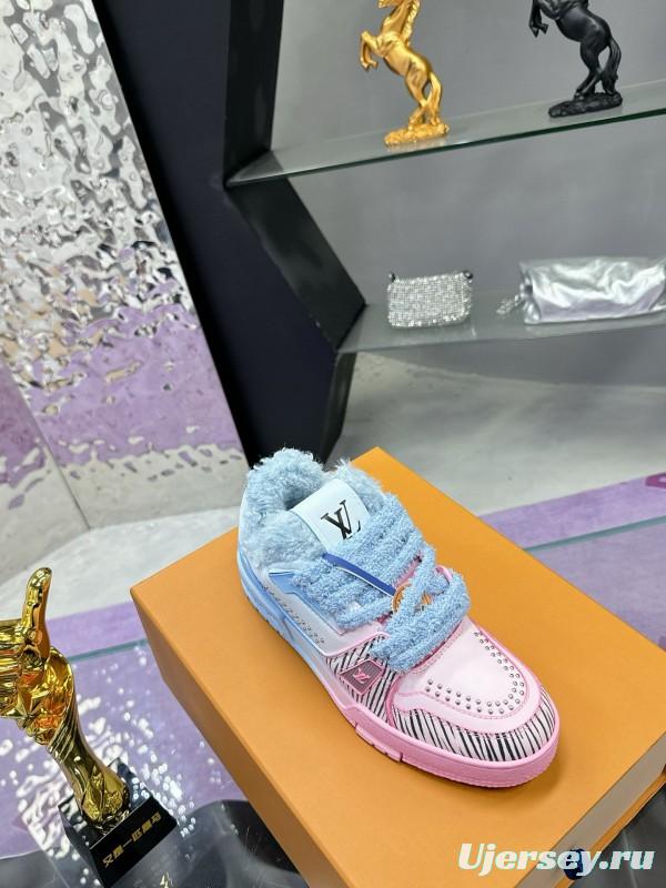 2024 Unisex Louis Vuitton Blue Pink Leather Sneakers