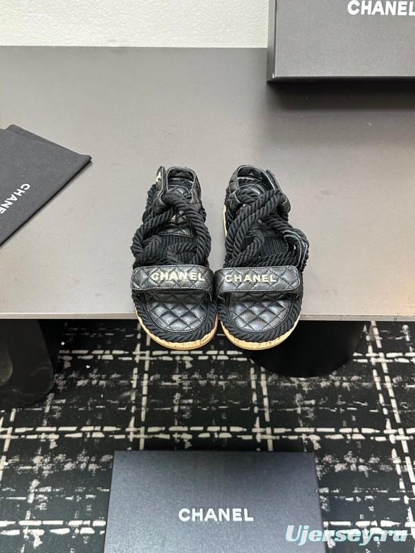 2025 Slippers Chanel Black Rope Leather Sandal LY00260