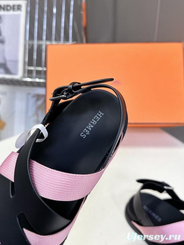 2025 Women Hermès Pink Black Leather Sandals
