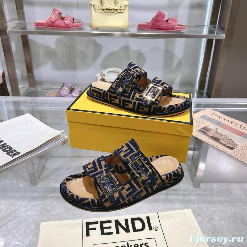 2025 Slippers Fendi Blue Brown Jacquard FF Pattern MJ00230