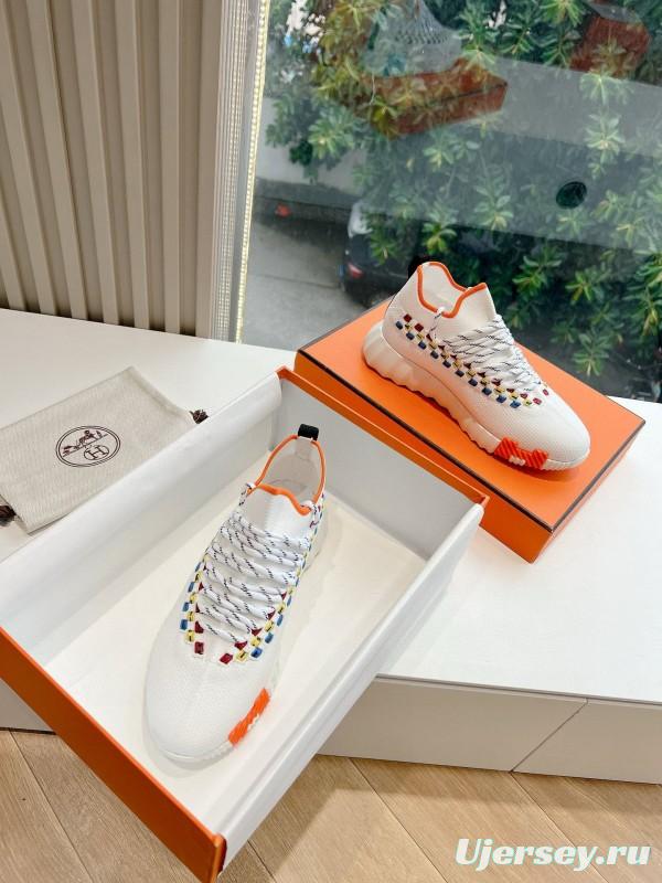 2024 Unisex Hermès White Blue Yellow Orange Calfskin Suede Sneakers MJ00290