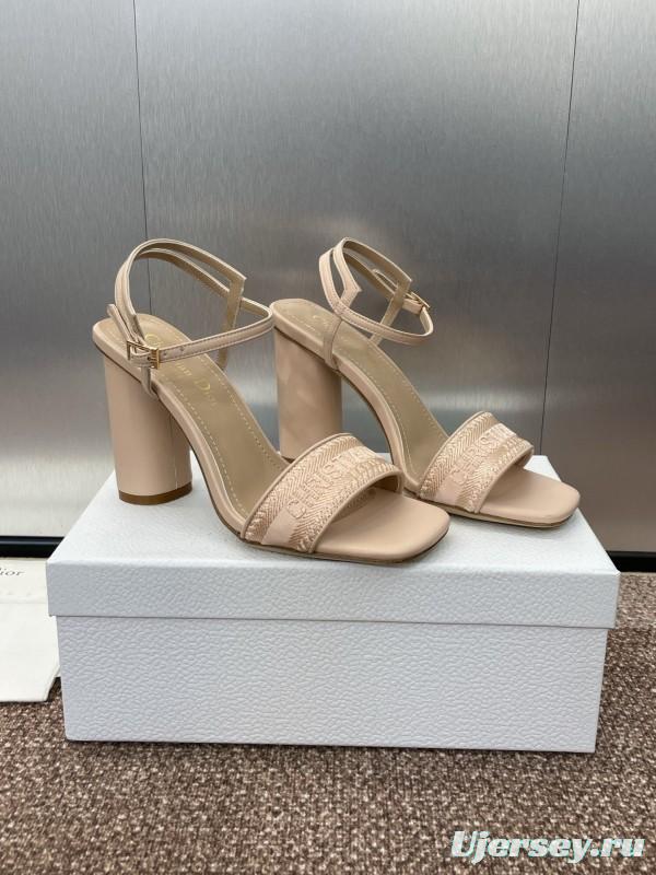 2025 Women Dior Beige Fabric Leather High Heel Sandals