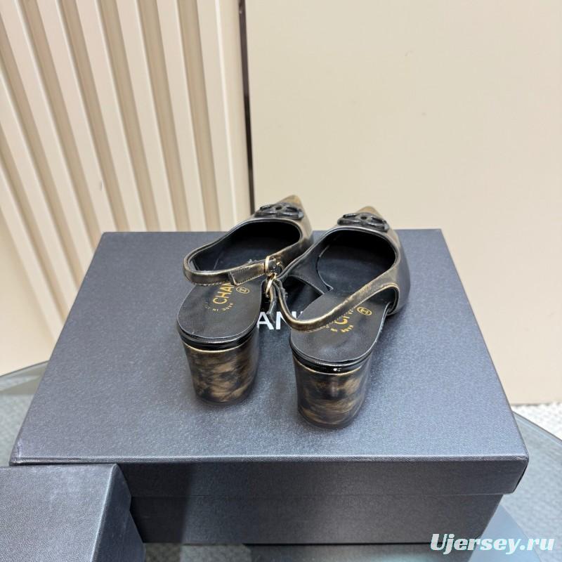 2025 Women Chanel Gold Black Leather Slingback Heel