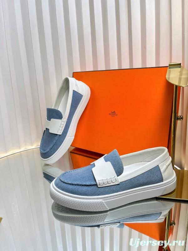 2025 Women Hermès Blue White Leather Canvas Loafers LY00310
