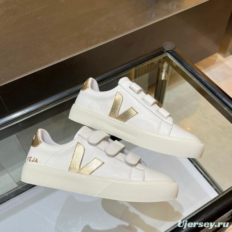 2025 Women VEJA White Gold Leather Strap Sneakers