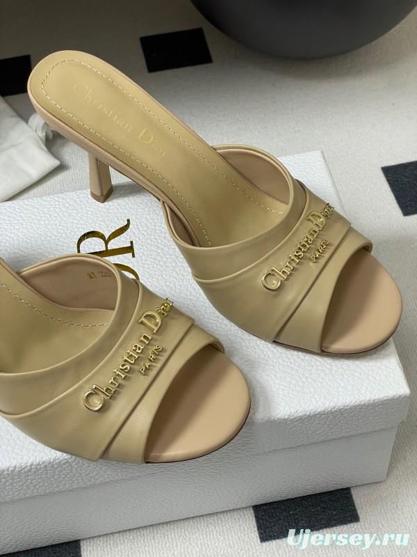 2025 Women Dior Beige Leather Heeled Slippers Christian Dior Logo