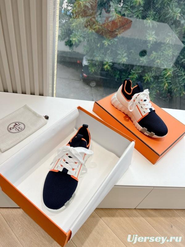 2024 Unisex Hermès 爱H Navy Orange Knit Leather Sneakers 