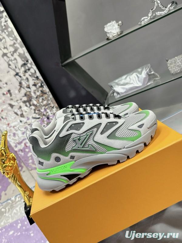 2025 Men Louis Vuitton Green Grey Mesh Leather Sneakers MJ00420