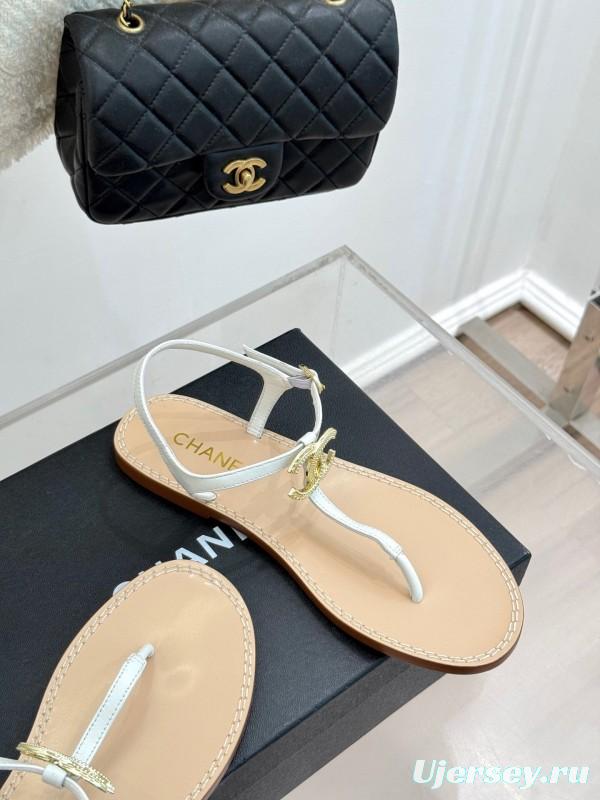 2025 Women Chanel White Leather Sandals KFY00290