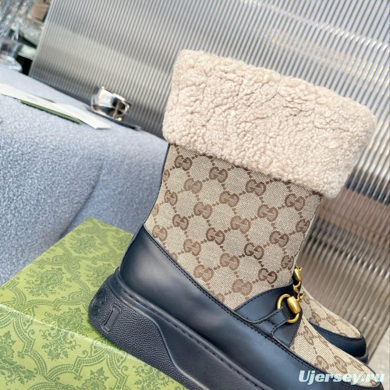 2024 Women Gucci Beige Brown Leather Snow Boots Horsebit MJ00420