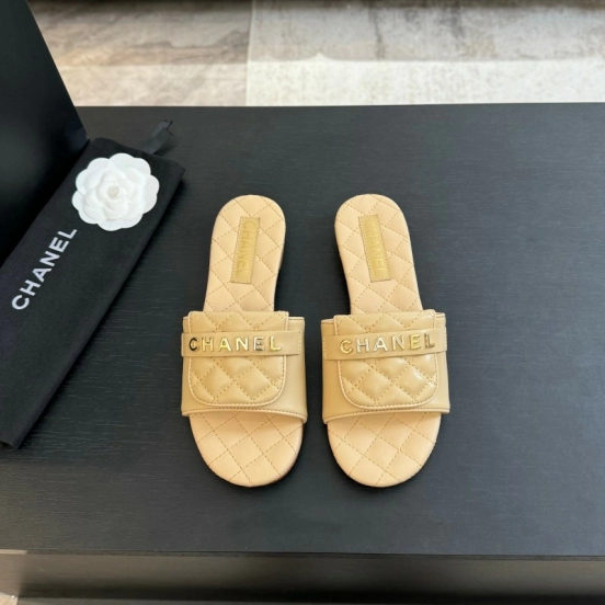 2025 Women Chanel Beige Leather Slippers