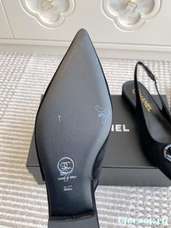 2025 Women Chanel Black Suede Slingback Heart Logo Flats KFY00300