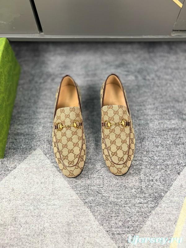 2024 Men Gucci Beige Brown Canvas Leather Loafer