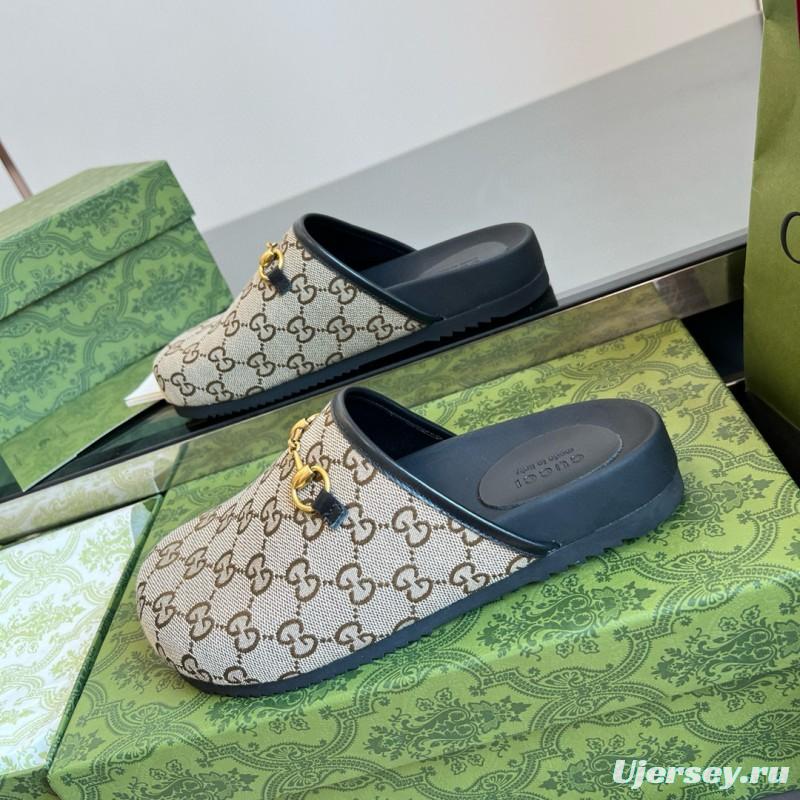 2024 Slippers Gucci Beige Brown Leather GG Pattern MJ00280