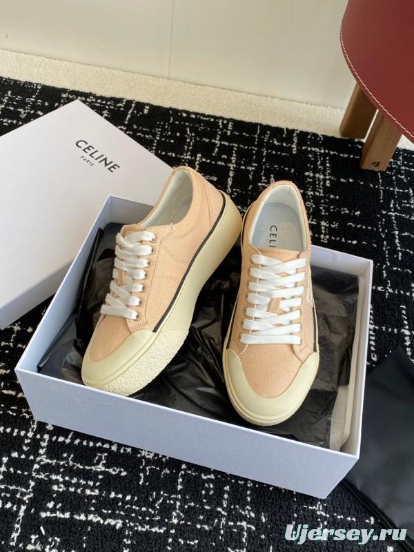 2025 Women Celine Beige Canvas Leather Platform Sneakers