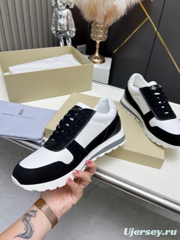 2024 Unisex Brunello Cucinelli Black White Suede Calfskin Leather Sneakers MJ00360