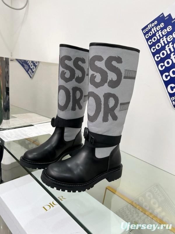 2024 Women Dior Black Grey Leather Fabric Knee High Boots