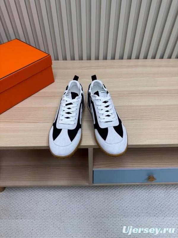 2025 Unisex Hermès White Black Suede Down Fabric Sneakers Top Version LY00310