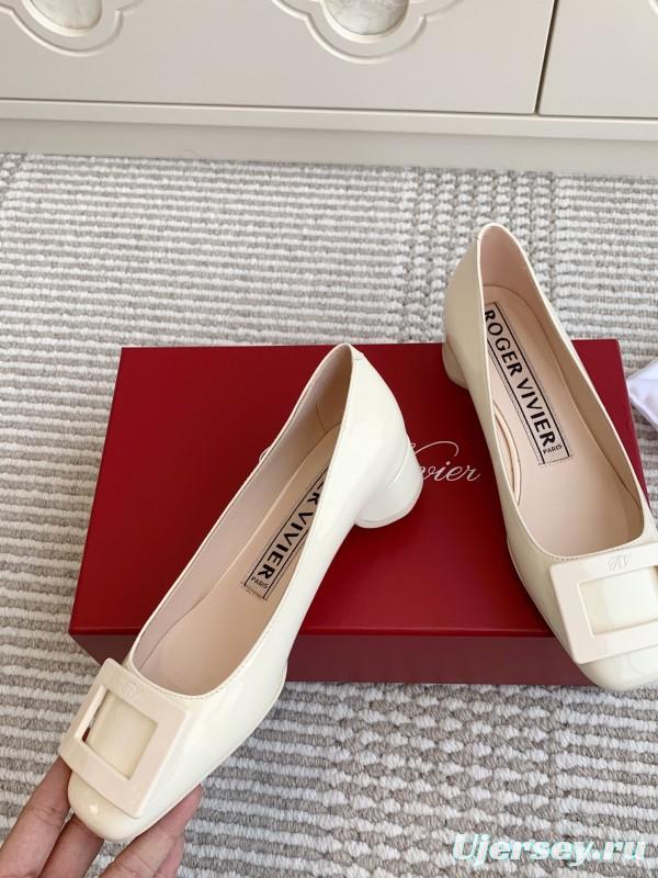2025 Women Roger Vivier White Patent Leather Pumps Square Buckle